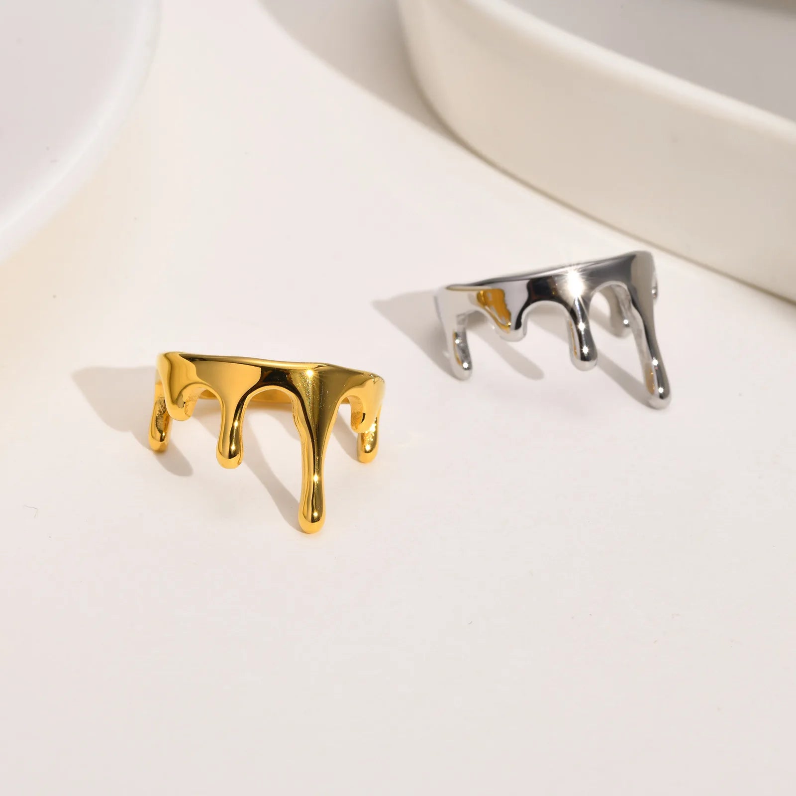 Women's Fashion Water Drop Lava Shape Stainless Steel Ring 18K Gold PVD Plated Unique Personality Style
