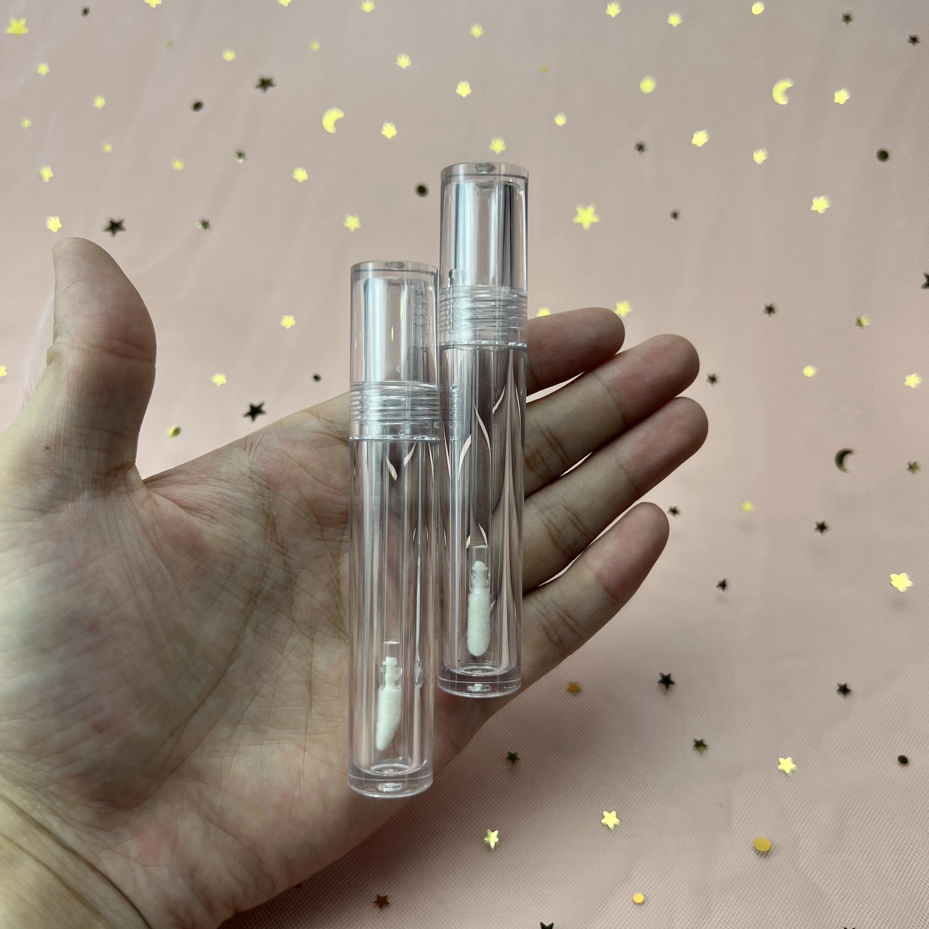 New Low Moq Long Double Wall clear Empty Lipgloss Bottle Transparent Crystal 5ml Lip Gloss Tubes with Brush