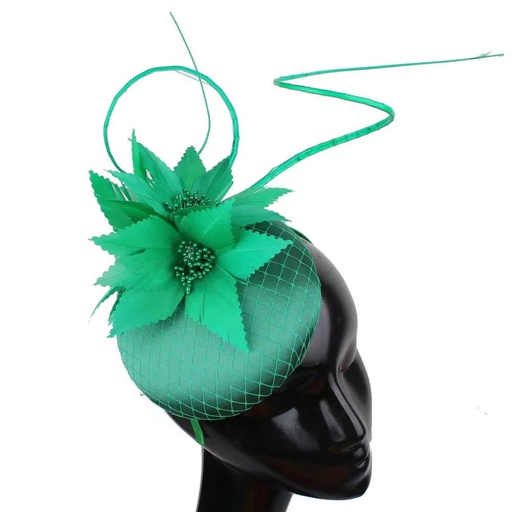 Custom Made Women Fascinator Sinamay Headdress Mesh Elegant Feather Party Hair BandFlower Headdress