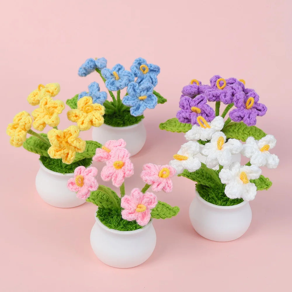 Delicate New Design Colorful Crochet Forget-me-not Flower with White Flowerpot Wholesale Woolen Knitted Flower Ornament for Home