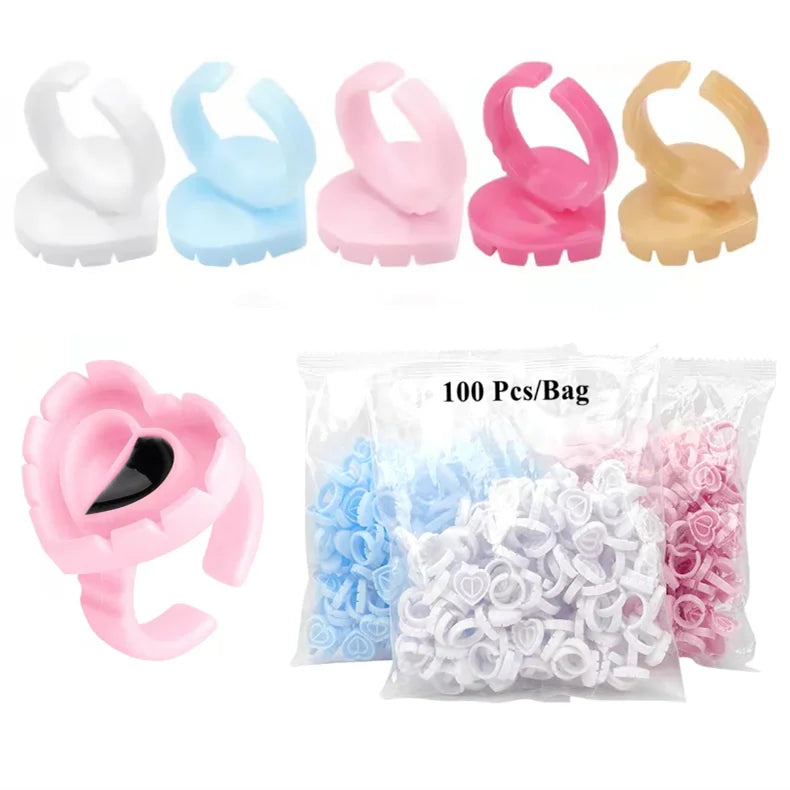 Wholesale 100Pcs/bag Various Colors Glue Ring Lash Extensions Divided Heart Shape Glue Ring Holder Cup