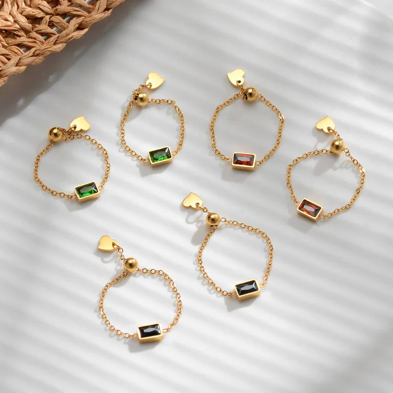 Wholesale 14K Gold Plated Jewelry Stainless Steel Elegant Green Red Black Zircon Diamond Adjustable Link Chain Rings YF2246