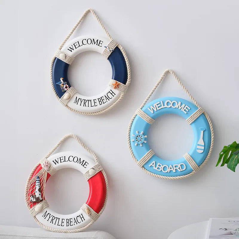 Nautical Decor Marine Swimming Ring Pendant Mediterranean Modern Art Deco Decorative Lifebuoy Eco-Friendly Wooden Crafts HYD03