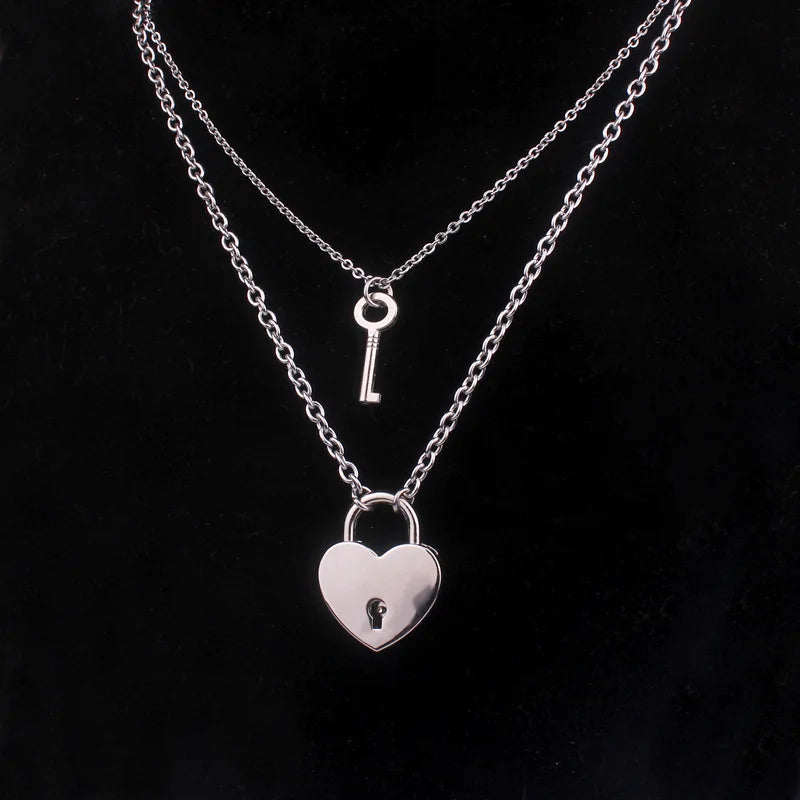 Lovers Heart Lock and Key Necklace Stainless Steel Silver Couple Padlock Necklace