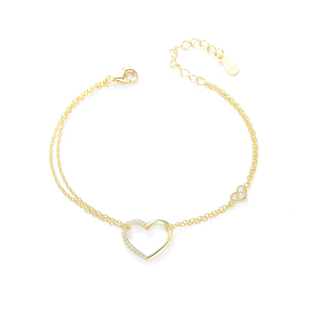 Fashion Double Link Chain Solid Sterling Silver 925 Heart Shape Bracelet for Women