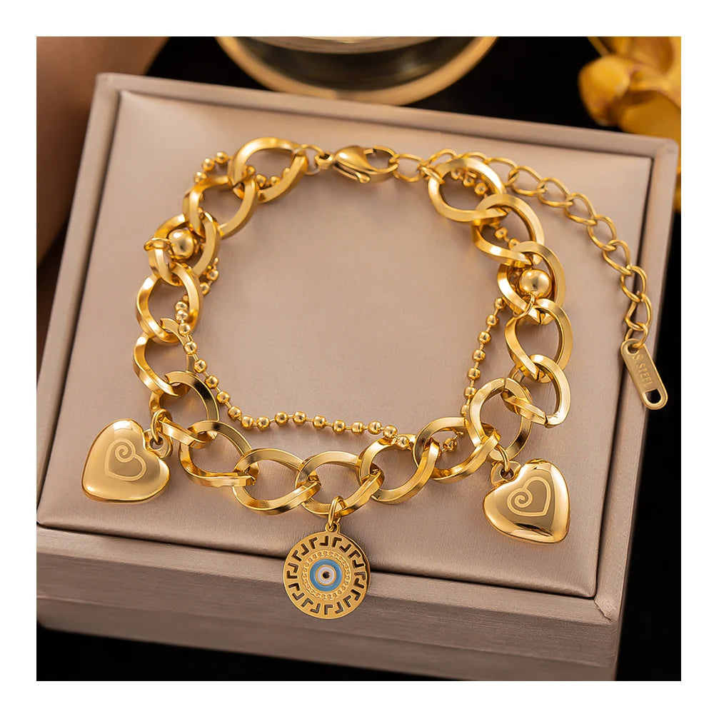 2023 New Simple Trendy 4 Designs 18K Gold Plated Stainless Steel Enamel Blue Devil Eye Bracelets for Women