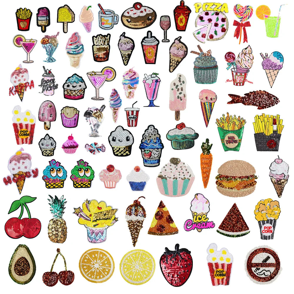 Hot Sale Fruit Food Beverage Drinks Theme Ice Cream Cone Cupcake Hamburger Popcorn Donut Iron on Large Sequin Patches