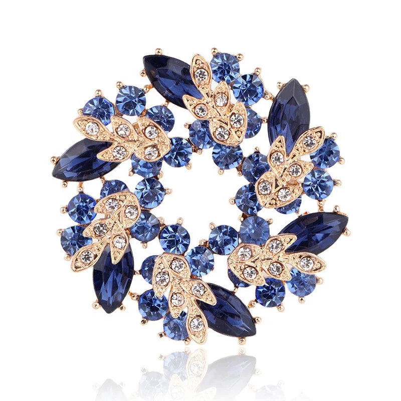 Luxury Alloy Rhinestone Round Wreath Flower Brooch Pin for Women Gifts Dress Accessories