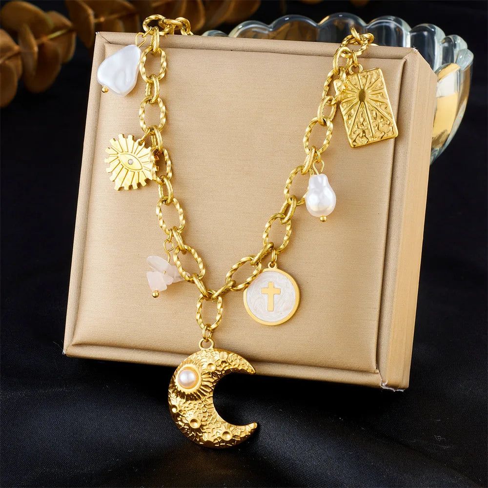 Trendy Stainless Steel Thick Chain Moon Pendant Necklace Jewelry 18k Gold Plated Tarnish Free Eye Pearl Charm Necklace for Women