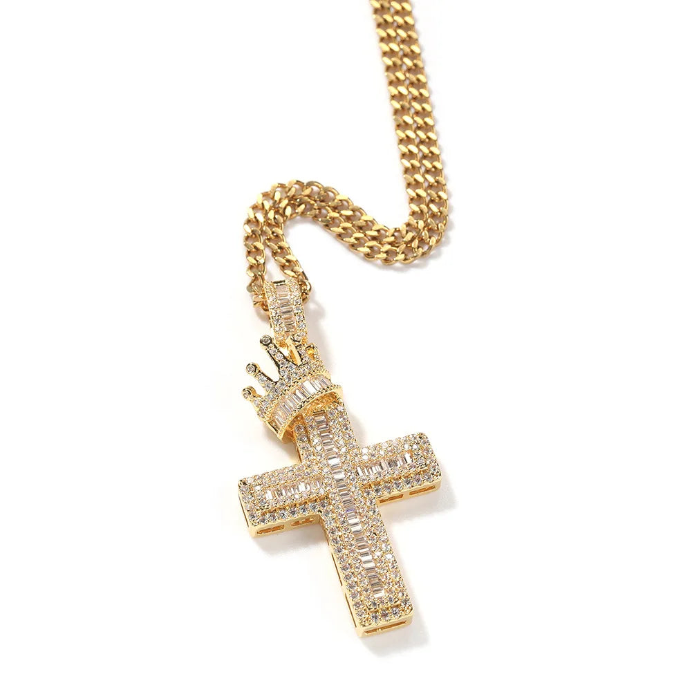 Fashionable 18K Gold Plated CZ Crown Pendant & Iced Cross Necklace White Diamond Men's Religious Set Cubic Zirconia for Weddings