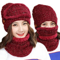 2PCS Knitted Winter Warm Ski Set Women Thicken Beanies and Ring Scarf Female Accessories Girls Gift