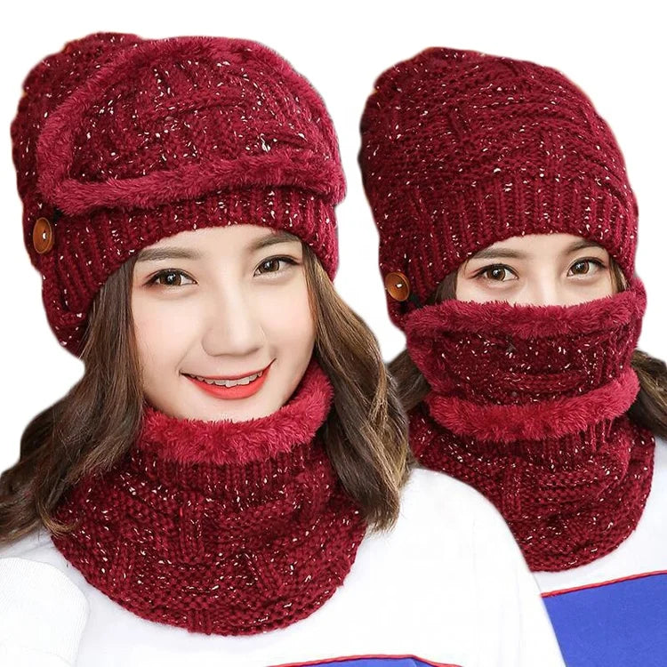 2PCS Knitted Winter Warm Ski Set Women Thicken Beanies and Ring Scarf Female Accessories Girls Gift