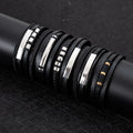 Vintage Stainless Steel Engravable Double Layer Leather Rope Bracelet Men