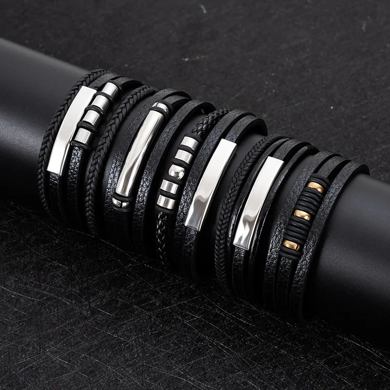 Vintage Stainless Steel Engravable Double Layer Leather Rope Bracelet Men