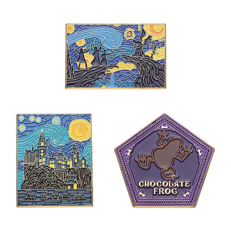 Oil Painting Starry Sky Moon Star Enamel Pin Van Gogh Art Castle Frog Brooches Backpack Clothes Collar Square Badge Jewelry Gift