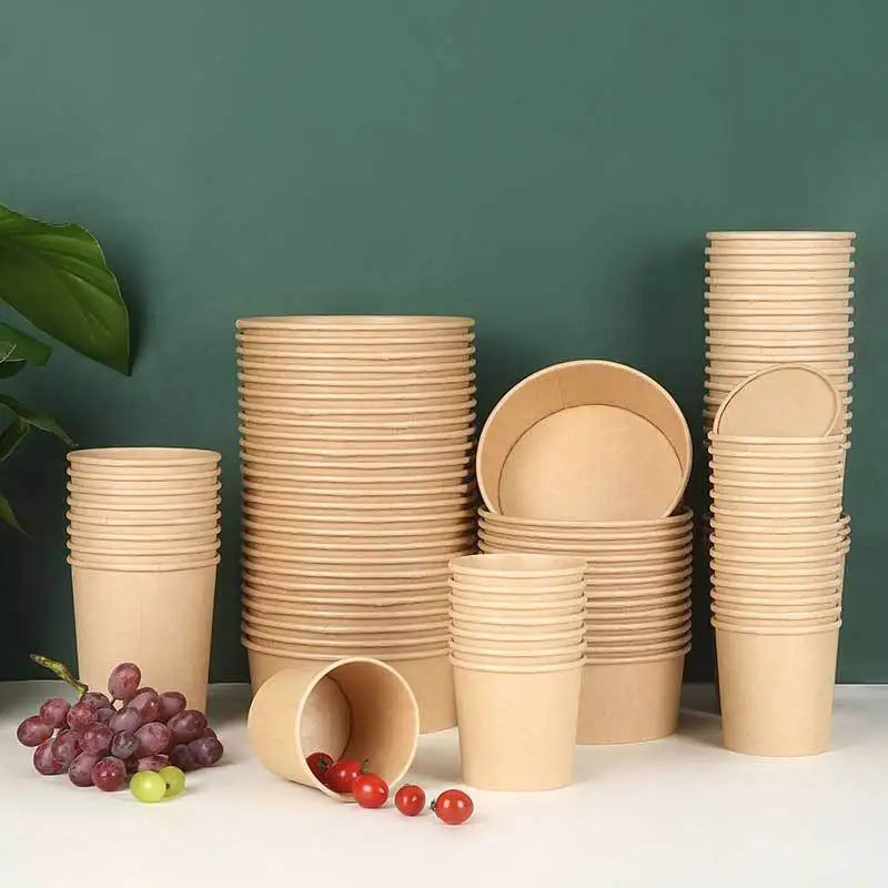 Kraft Paper Soup Cup Bowl with PET Lid Fast Food Noodle Packaging Eco Friendly Recyclable Salad Snack Packaging Bowl
