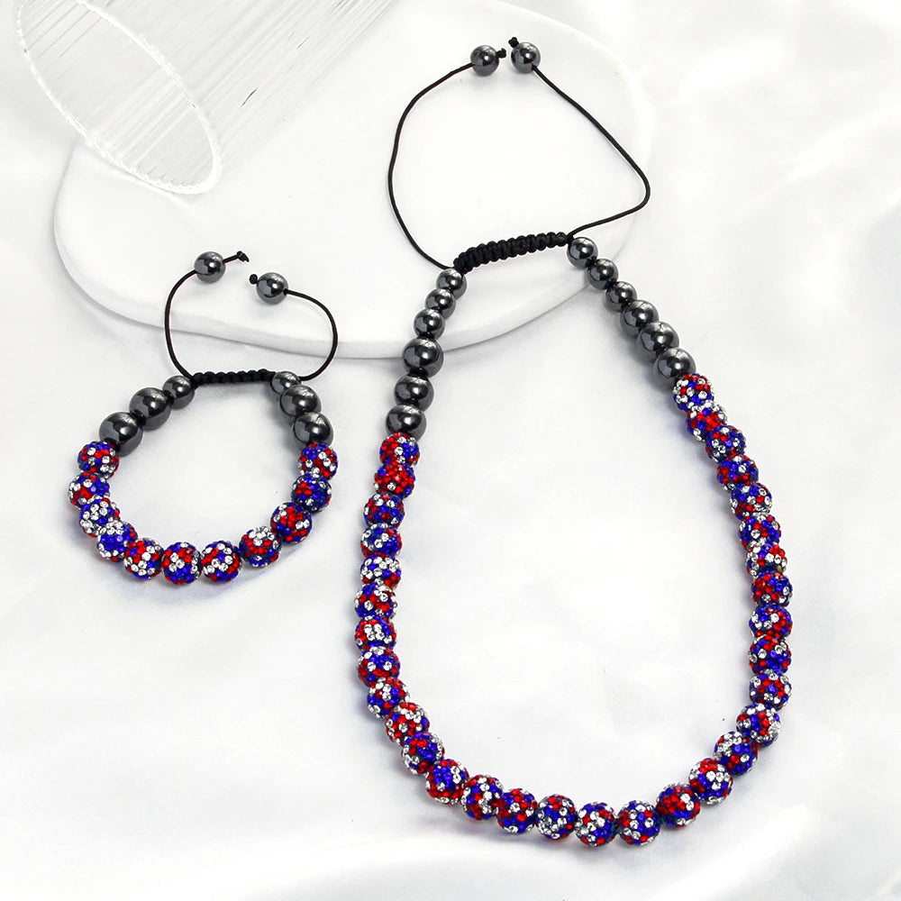 Fashion Adjustable US Independence Day Jewelry 10mm Rhinestone Clay Pave Ball Hematite Bead Weaving Friendship Necklace Bracelet