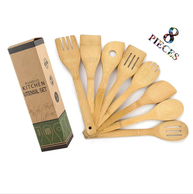 8-Piece Organic Bamboo Kitchen Cooking Utensils Set Convenient Hand-Designed Spoons for Food Coffee Bar Use Packaged in Box