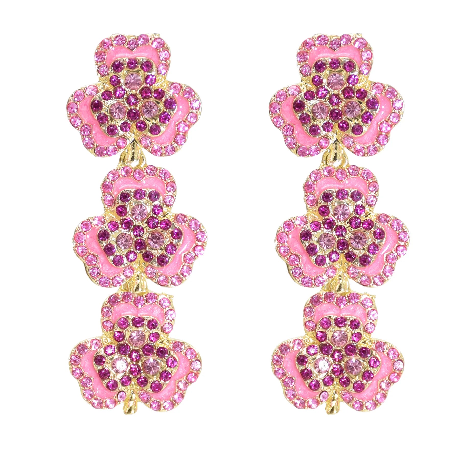 Pink Green Flower Dangle Earrings Rhinestone Enamel Earrings for Girls New Style Flower Earring