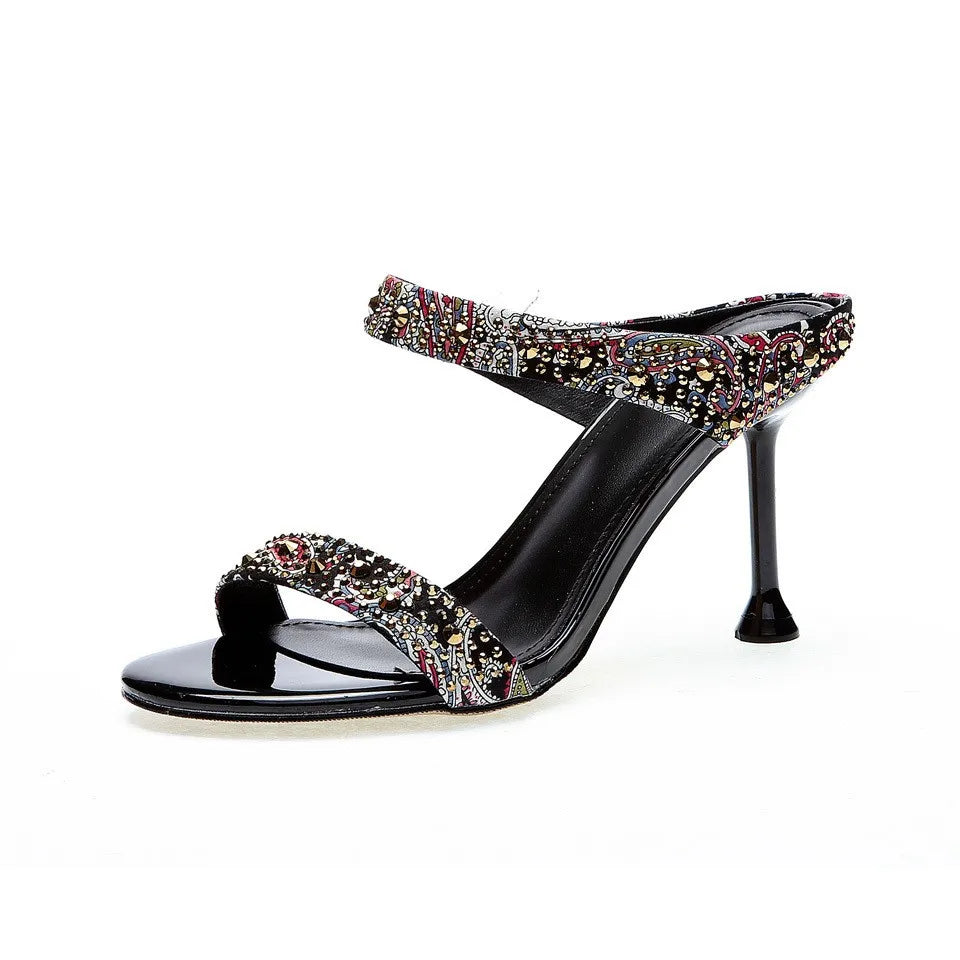 Women Rhinestone Open Toe Shoes European and American High-heeled Diamond Sandals Outdoor Slim Heels Casual Slippers