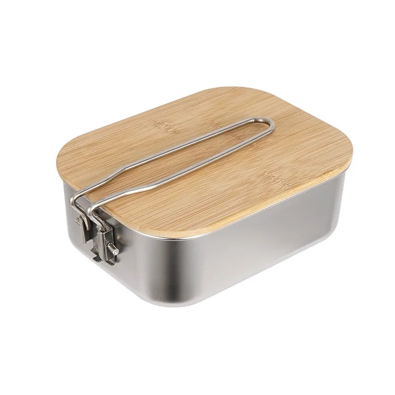 Eco-Friendly Outdoor Picnic Lunch Box Set 304 Stainless Steel Drinking Bottle Natural Wood Lid Heatable Bamboo Fiber Food