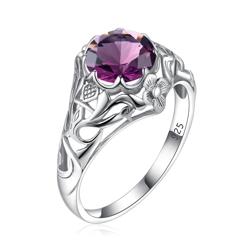 Handmade Vintage 12 Zodiac Birthstones Jewelry Women Flower Purple Stones Crystal Amethyst Nickel-Free Silver Rings 925