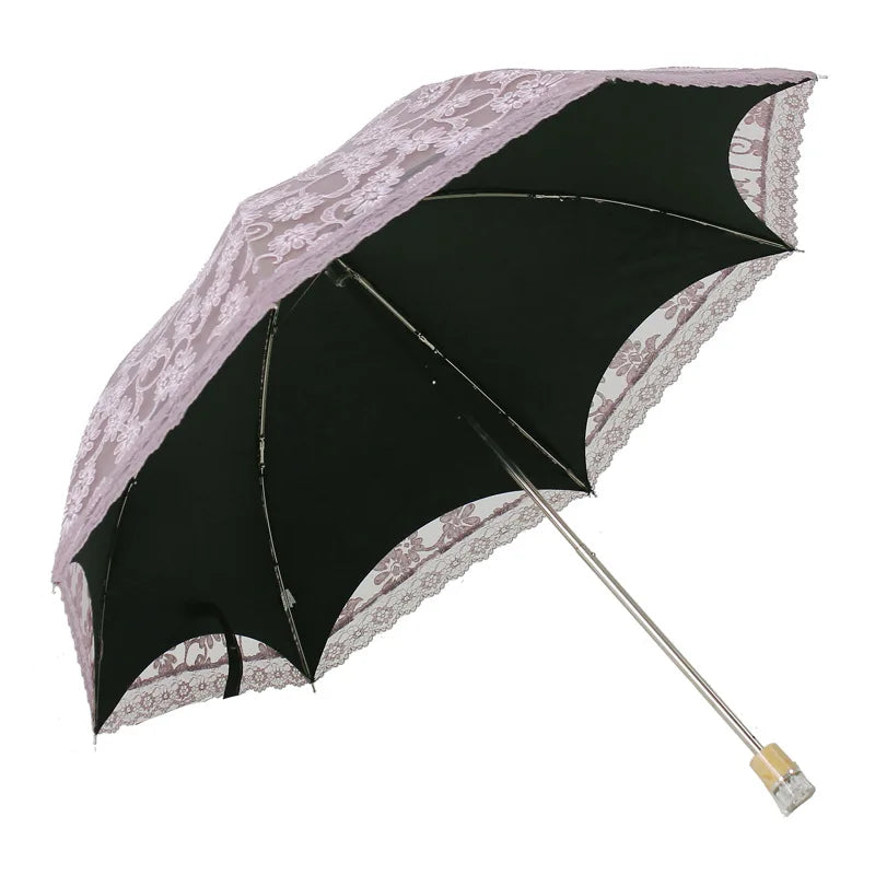 Cheap Lace Embroidery Ladies Wedding Umbrella 2-Fold Lace Black Coating Uv Protection Sun Lace Stick Umbrella