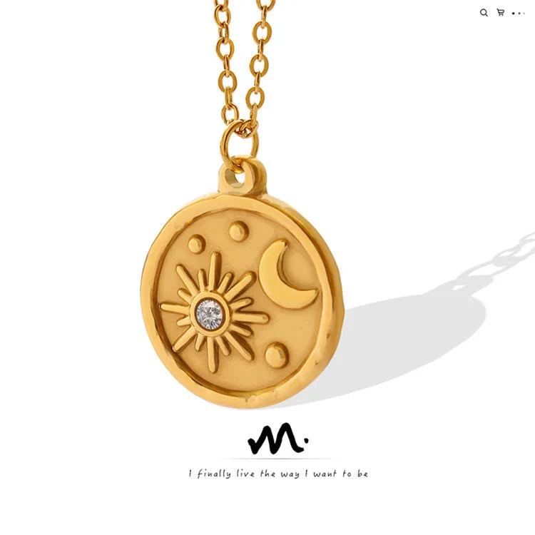 China Wholesale Charmed Designer Zircon Star Moon Romantic Titanium Steel Gold Plated Medal Pendant Women Necklace