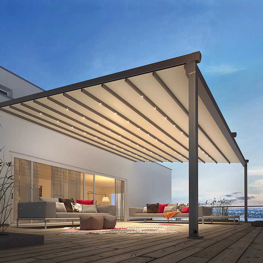 Waterproof Retractable PVC Roof Bioclimatic Eco-Friendly Pergola Canopy Electric Remote Control LED 15-Year Guarantee for Garden