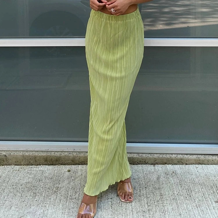 Enyami Vacation Outfits Fashion Elegant Vintage Plisse Women Casual Bottoms Summer White Green Long Maxi Pleated Skirt