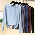 50% OFF Long Sleeve T-Shirt Spring Summer Hooded Sweater Loose Bottom Shirt Solid Color Sunscreen Thin T-Shirt