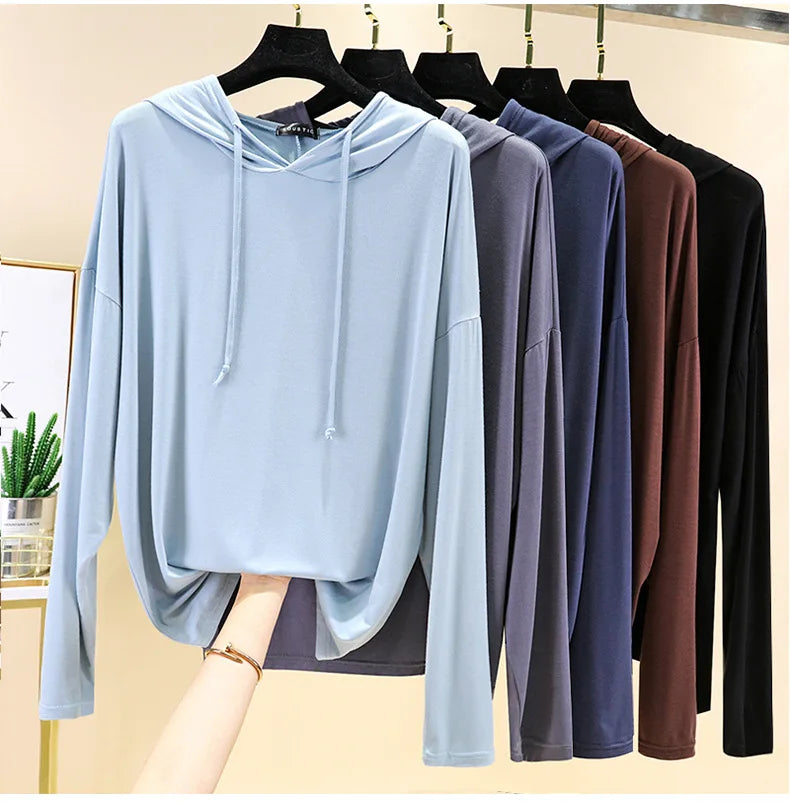 50% OFF Long Sleeve T-Shirt Spring Summer Hooded Sweater Loose Bottom Shirt Solid Color Sunscreen Thin T-Shirt