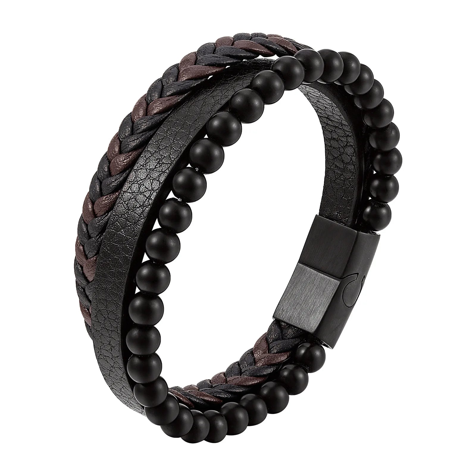 Leather Bracelet Natural Stone Matt Onyx Multilayers Bracelet Stainless Magnetic Woven Leather Texture Punk Wrapped