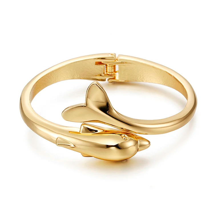 Gold Plated Dolphin Open Bangle Bracelet Fashion Cuff Jewelry