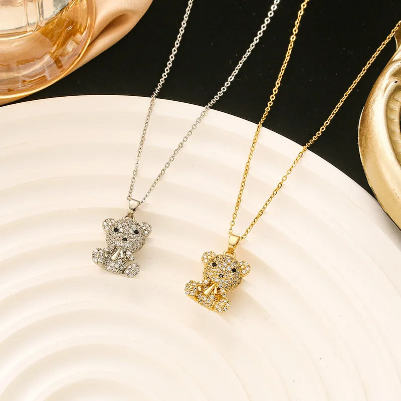 Shining Micro Diamond Lovely Teddy Bear Titanium Steel Copper Necklace Women'S Light Luxury Collarbone Chain Necklace
