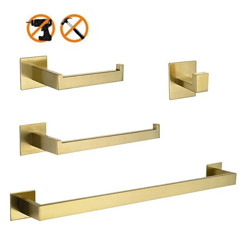 304 Stainless Steel 4-Piece Gold Bathroom Hardware Set Includes Towel Bar Paper Holder Robe Hooks Wall-Mounted for Home Bath