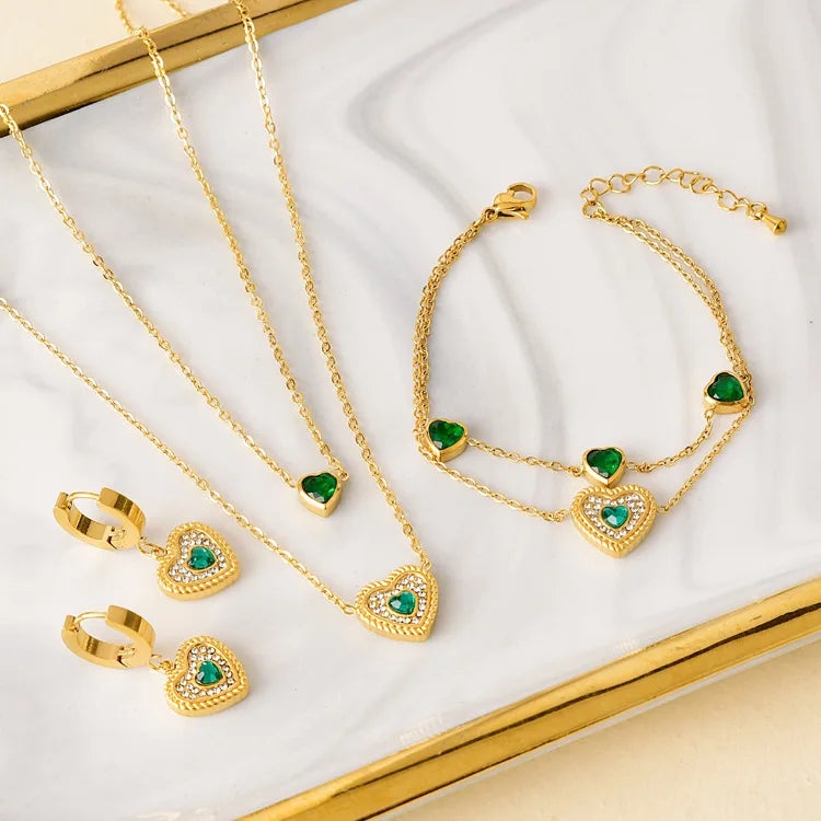 New Arrival 3pcs Set Stainless Steel 18k Gold Plated Necklace Earrings Bracelet Heart Shape Zircon Jewelry Set for Women