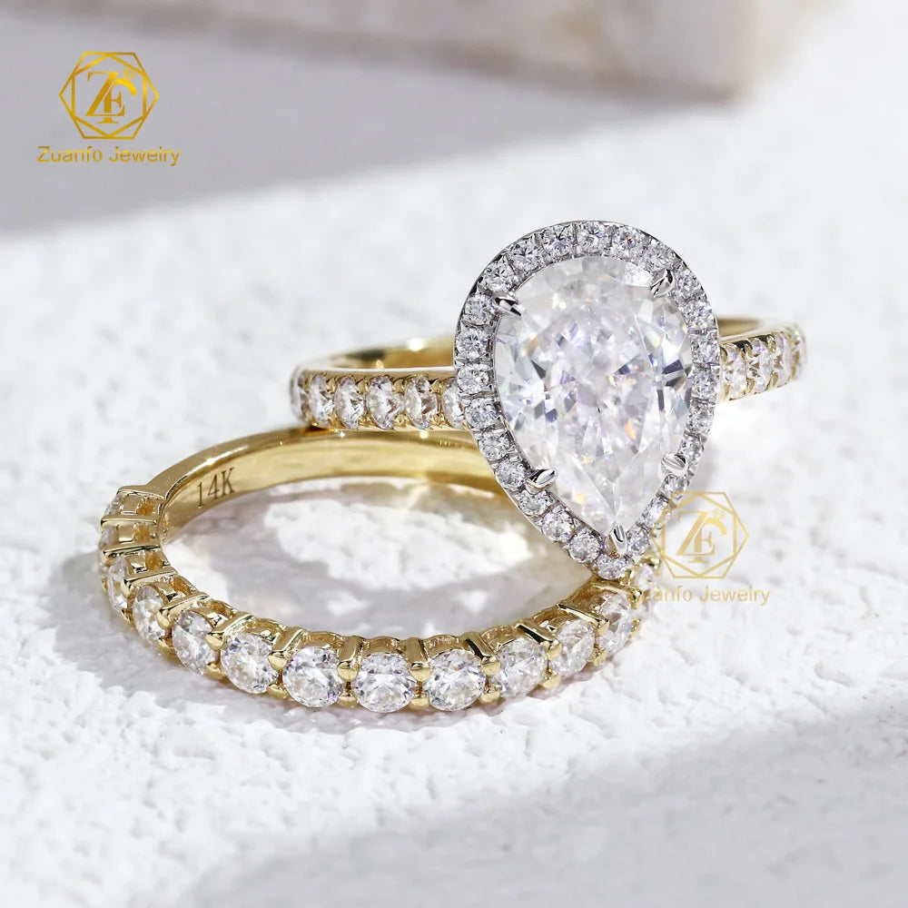 High Quality 14K Gold Moissanite Diamond 2ct Pear Cut with Eternity Band Ring Custom Couple Rings for Weddings and Engagements