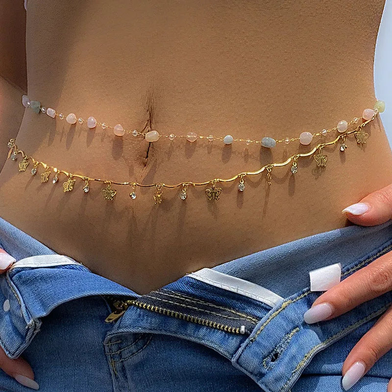 SC Vintage Double Layer Stone Beads Waist Necklaces Summer Beach Butterfly Tassel Bikini Waist Chain Jewelry