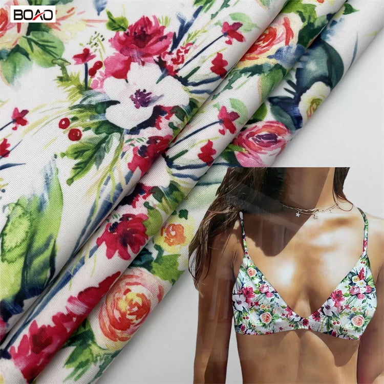 40D Polyester Custom Floral Pattern Printed Swimsuit Bikini Fabric Quick-Drying Matte Four-Way Elasticity for Dresses