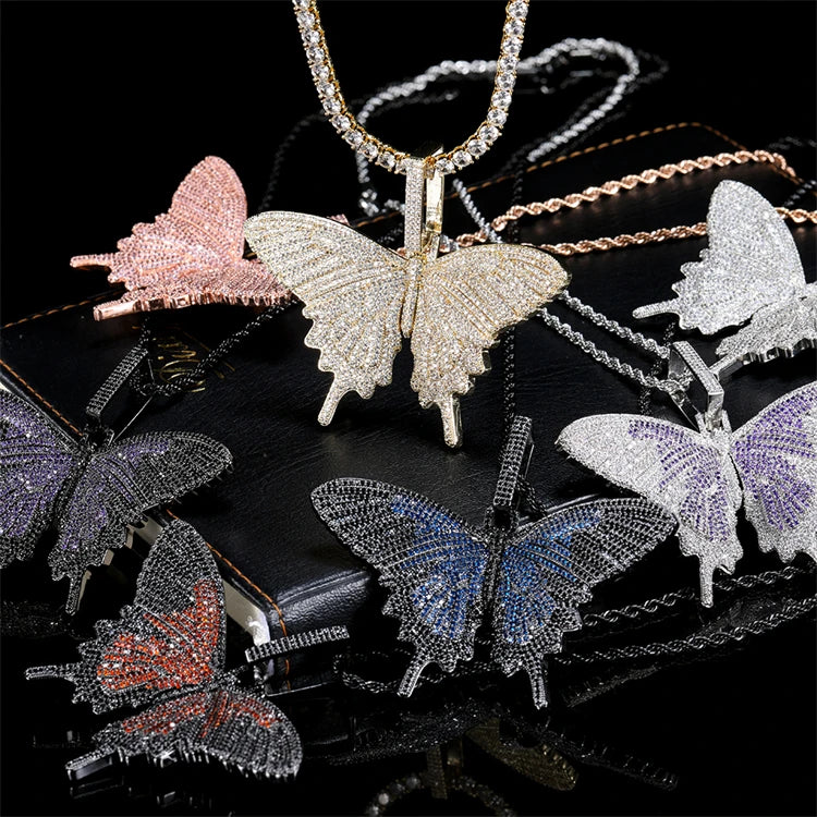 Hot Sale Brass Iced Out Gold Plated Zircon Butterfly Pendant Necklace Trendy Wedding Party Wholesale