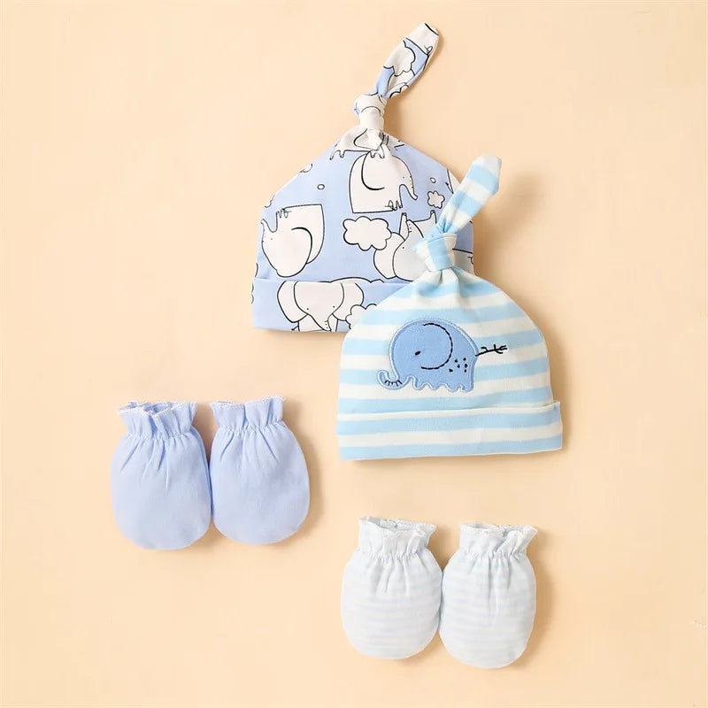 New Spring Autumn Newborn Printed Hat Infant Cover Hat Gloves Set Baby Beanie Hat