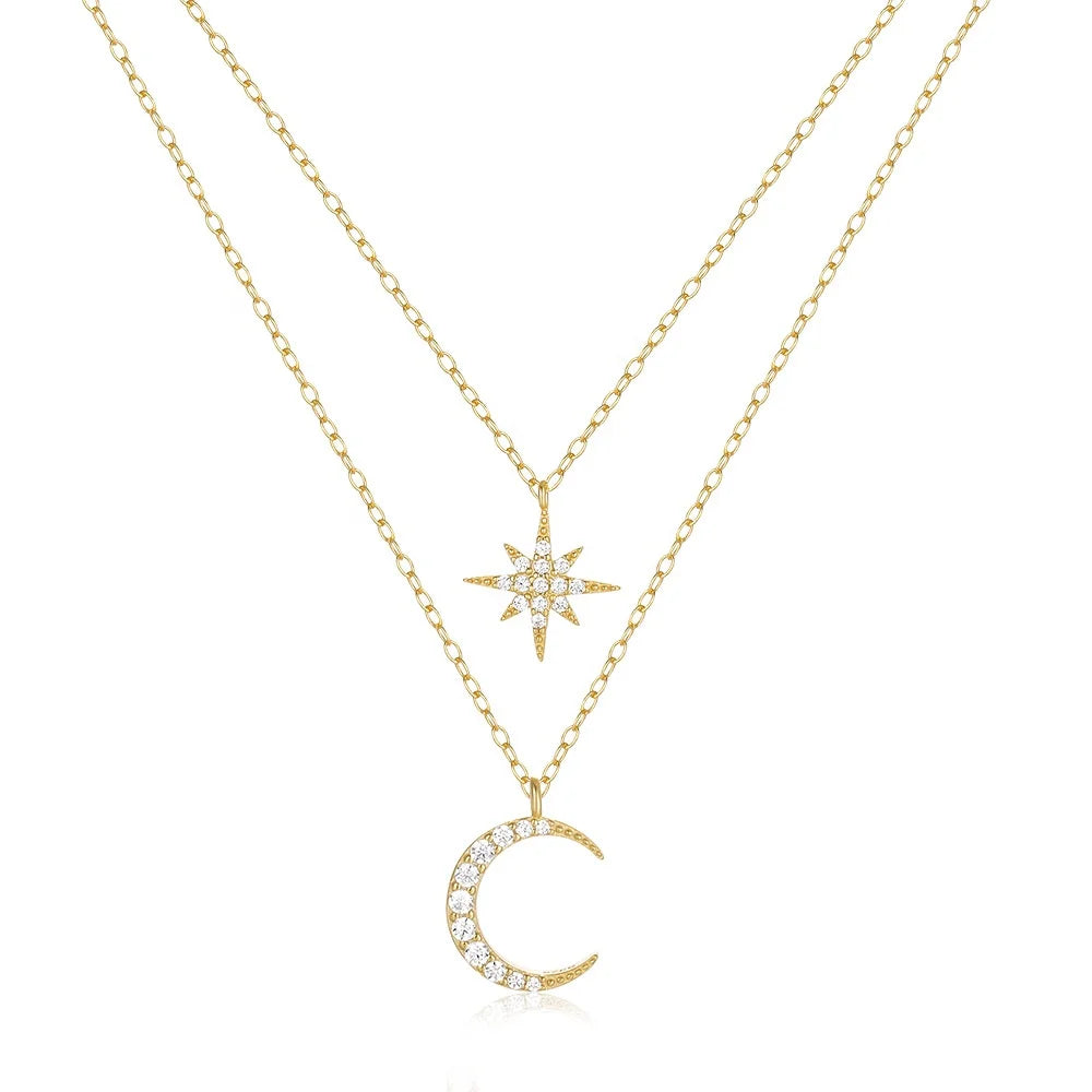 HanYu 5A Cubic Zirconia Moon and Star Necklaces S925 Sterling Silver Fashion Necklace Jewelry for Gift