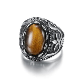 Stainless Steel Gemstone Ring Men's Oval Large Street Ring