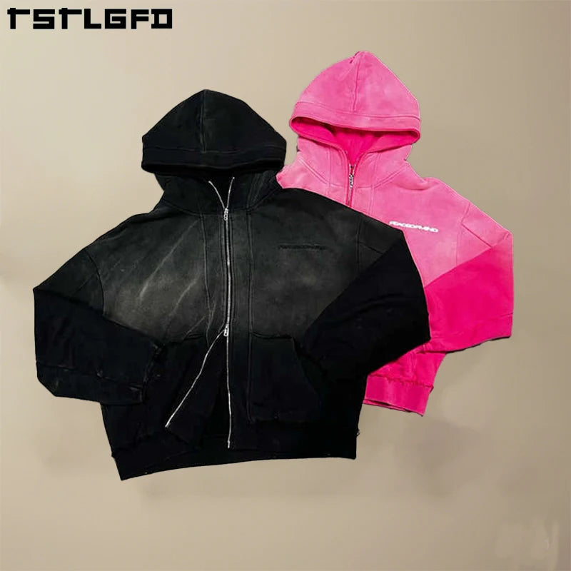 Custom Heavyweight 400 500 Gsm Terry Fleece Zip Jacket Cropped Oversized Boxy Fix Distressed Acid Wash Double Zipper Hoodies Men
