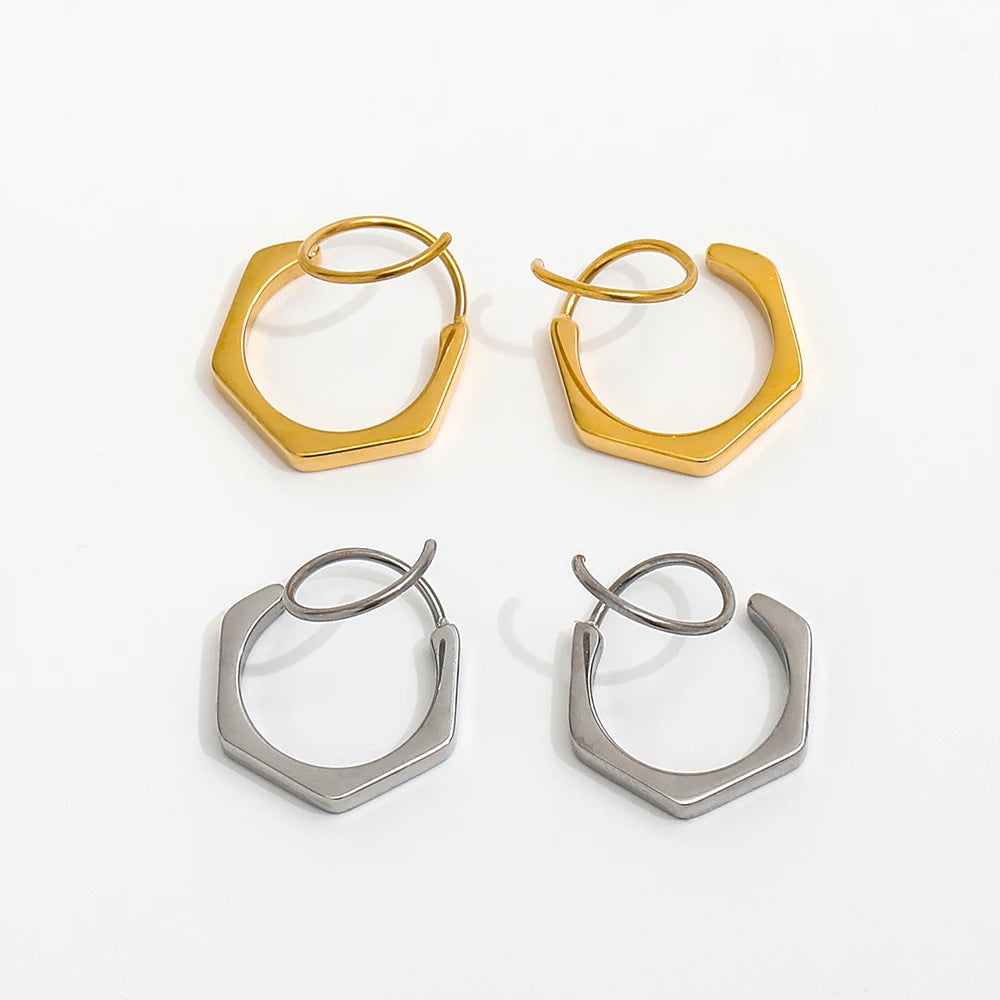 Fenny 18K Gold-plated Wholesale Non Tarnish Geometric New Hexagon Spiral Hoop Stainless Steel Earring for Women