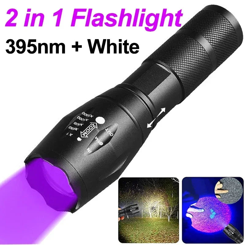 Dual UV Flashlights 2-in-1 Purple White Zoomable Torch T6 LED Light Source Aluminum Alloy USB Rechargeable Camping IP44 Rated MegaBDM