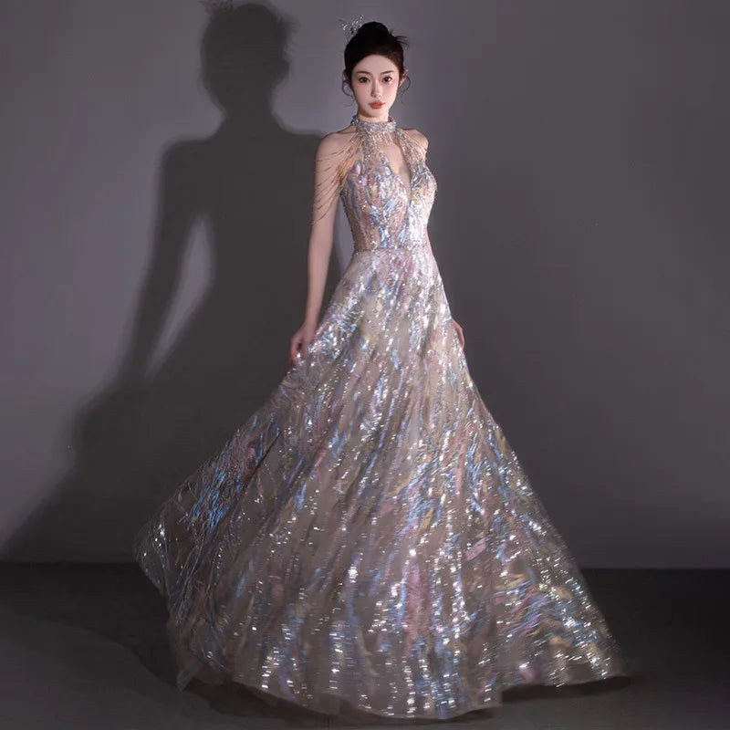 2024 New Sequined Halter Sleeveless Banquet Bride Host Elegant Evening Dress Dress