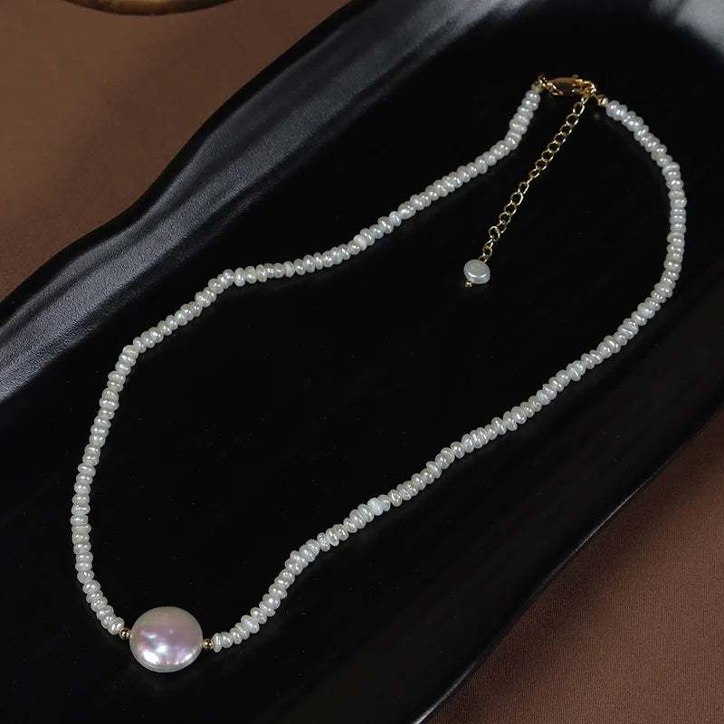 Classic Style 13-14mm Baroque Button Freshwater Pearl Necklace with Gold-Plated Pendant for Ladies Gift