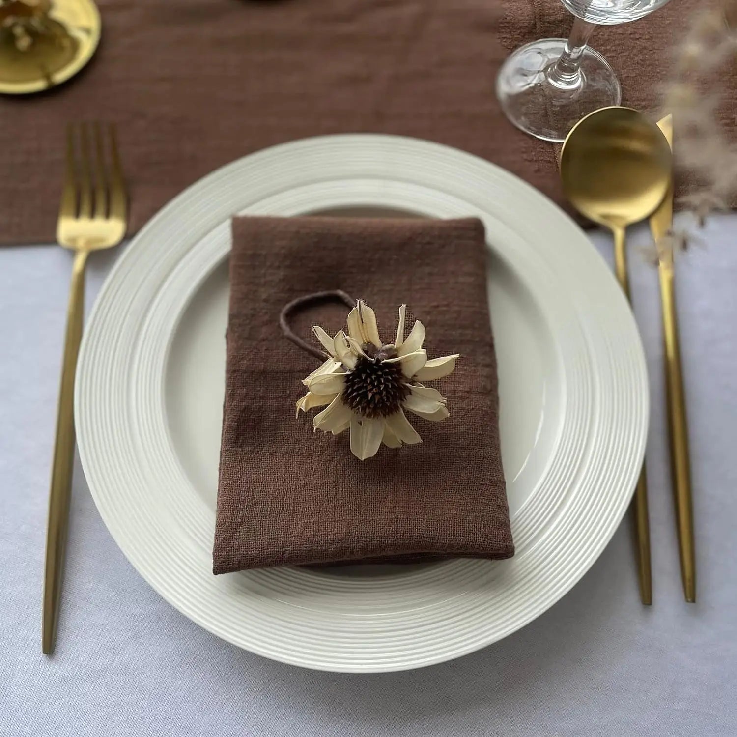 Modern Square Brown Cotton Linen Napkins Set Handmade Printed Decor for Home or Airplane Table